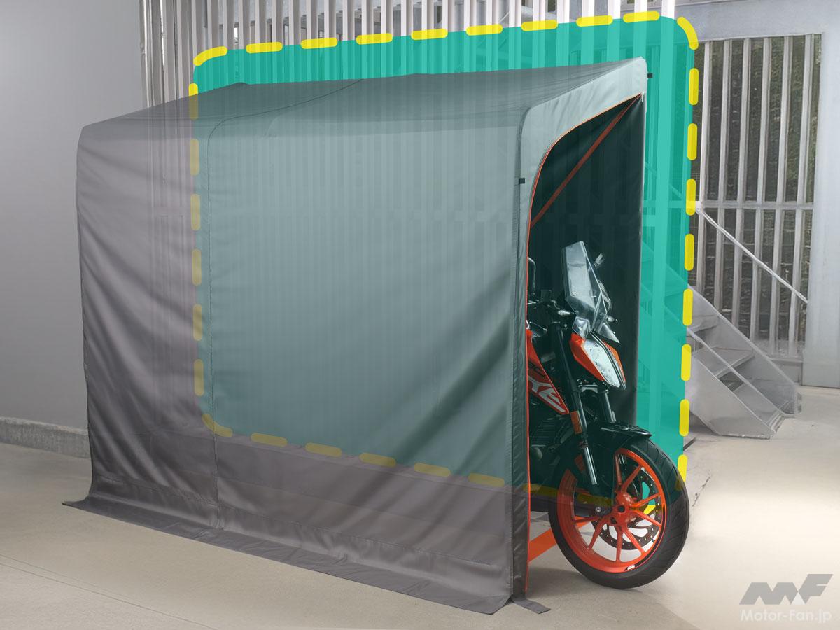 A motorcycle garage for around 30,000 yen with free shipping. The sloping roof makes efficient use of space, and the installa